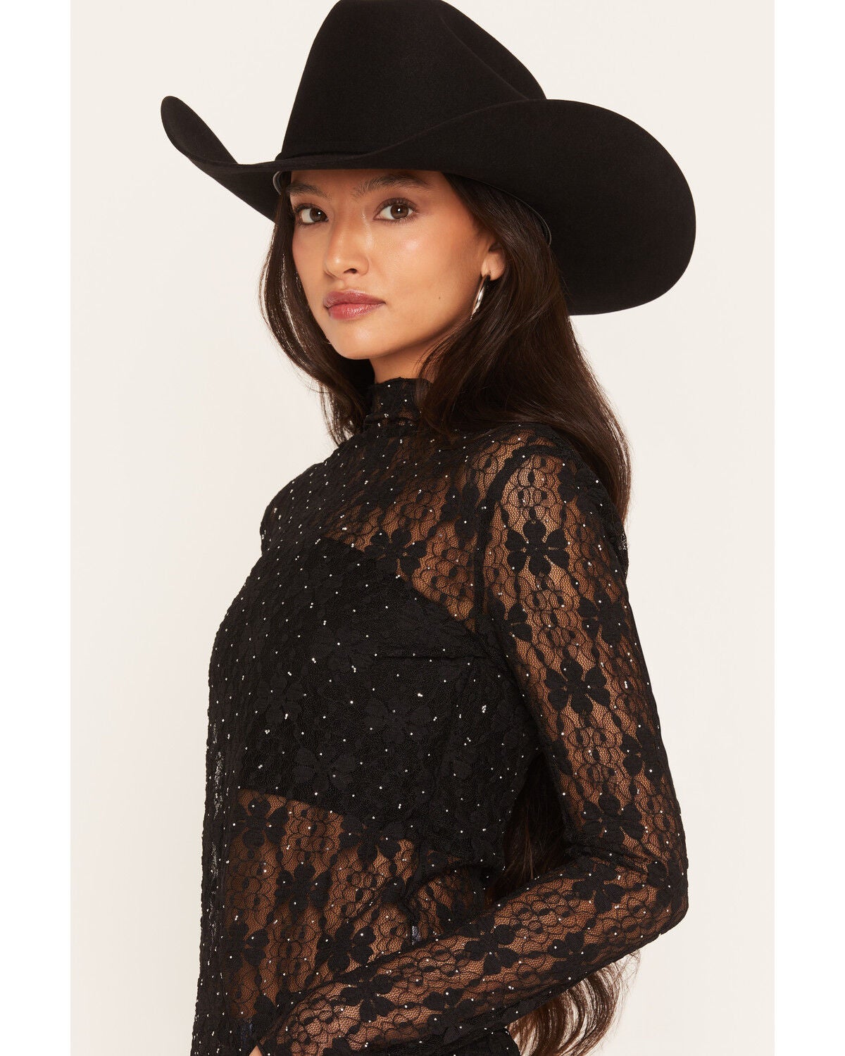 Image #2 - Miss Me Women's Rhinestone Lace Long Sleeve Top, Black, hi-res