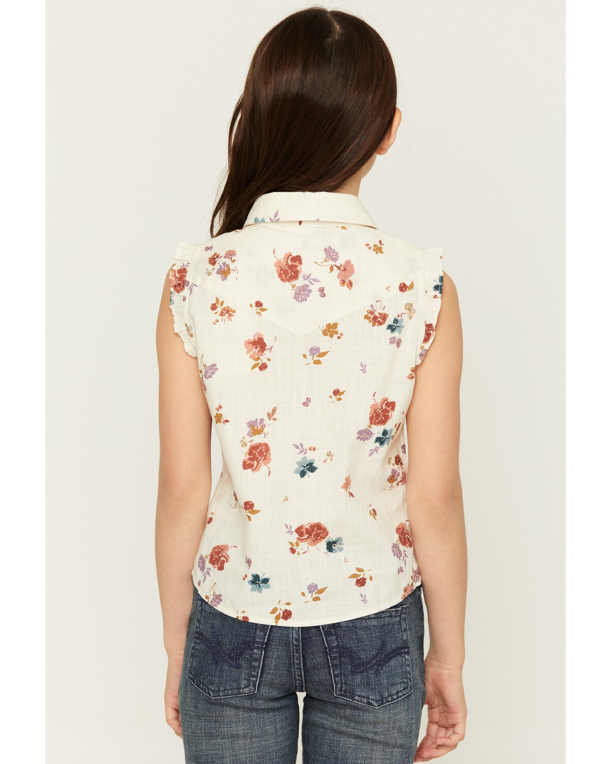 Image #4 - Shyanne Girls' Floral Print Sleeveless Snap Western Shirt, Oatmeal, hi-res