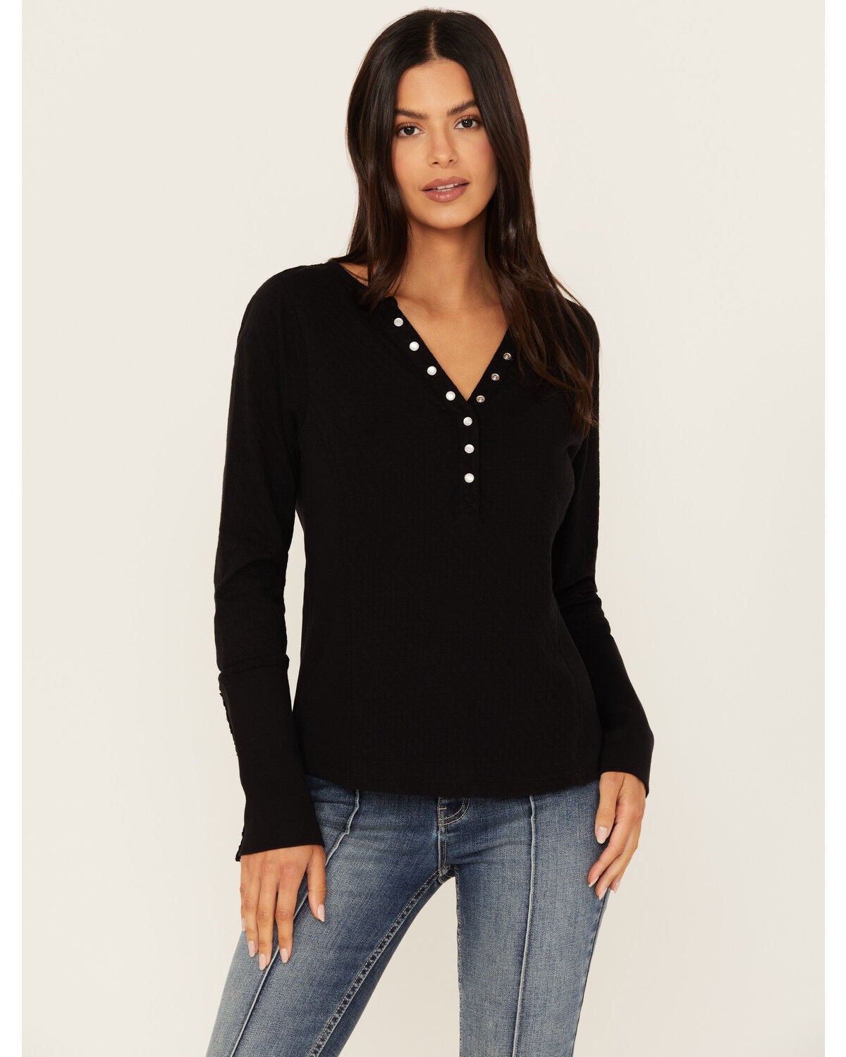 Image #1 - Idyllwind Women's Pearl Knit Henley Shirt, Black, hi-res