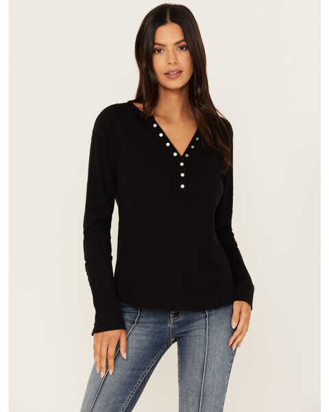 Idyllwind Women's Pearl Knit Henley Shirt, Black, hi-res