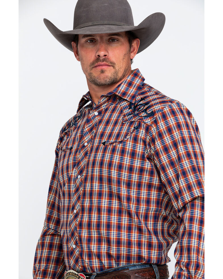 Roper Men's Fancy Small Plaid Embroidered Long Sleeve Western Shirt  , Brown, hi-res