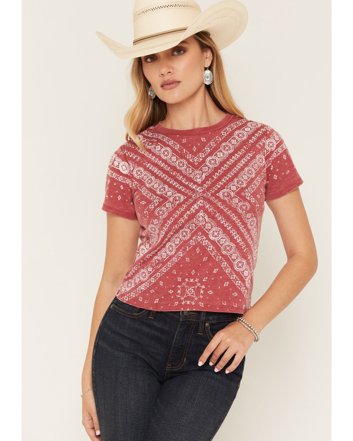 Image #1 - Blended Women's Bandana Print Short Sleeve Graphic Tee, Red, hi-res