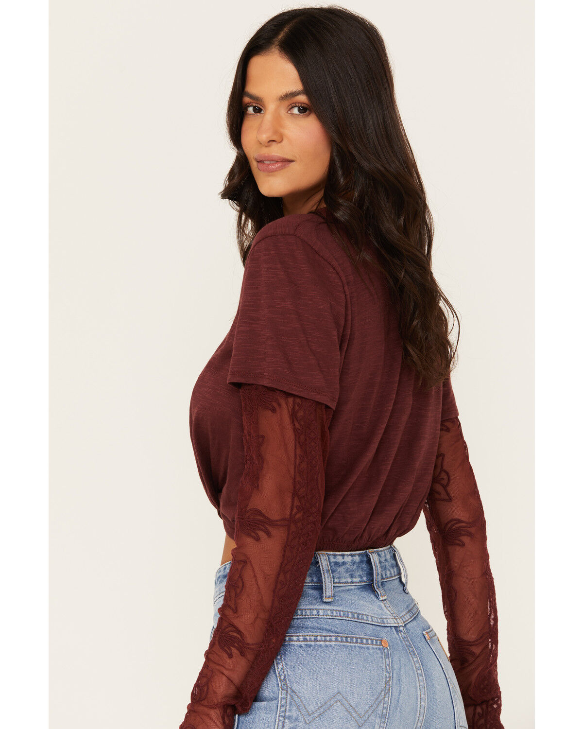 Image #2 - Jolt Women's Lace Trim Long Sleeve Shirt, Wine, hi-res