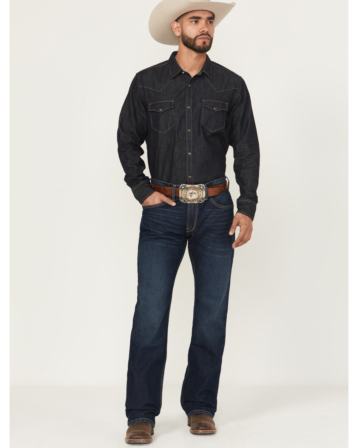 Ariat Men's Dark Wash Hampton Relaxed Bootcut Stretch Denim Jeans, Dark Wash, hi-res