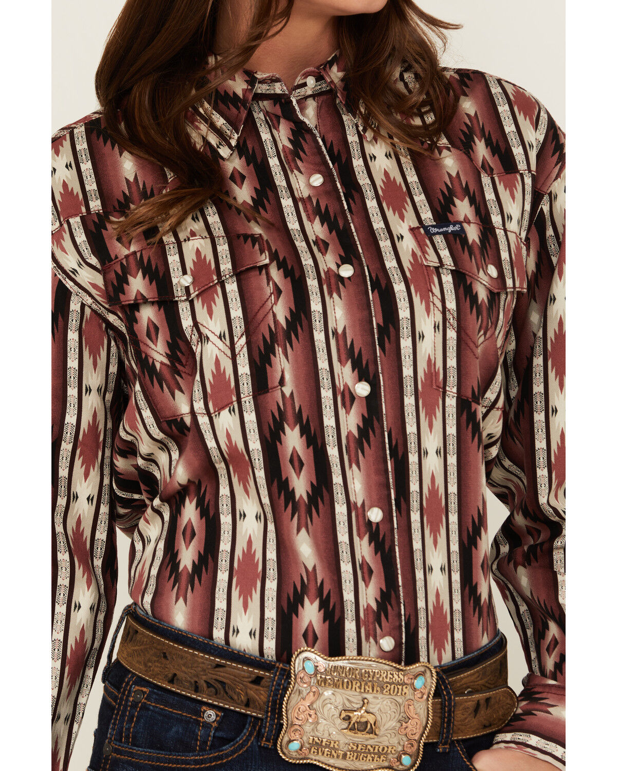 Image #3 - Wrangler Retro Women's Southwestern Print Long Sleeve Pearl Snap Western Shirt, Burgundy, hi-res