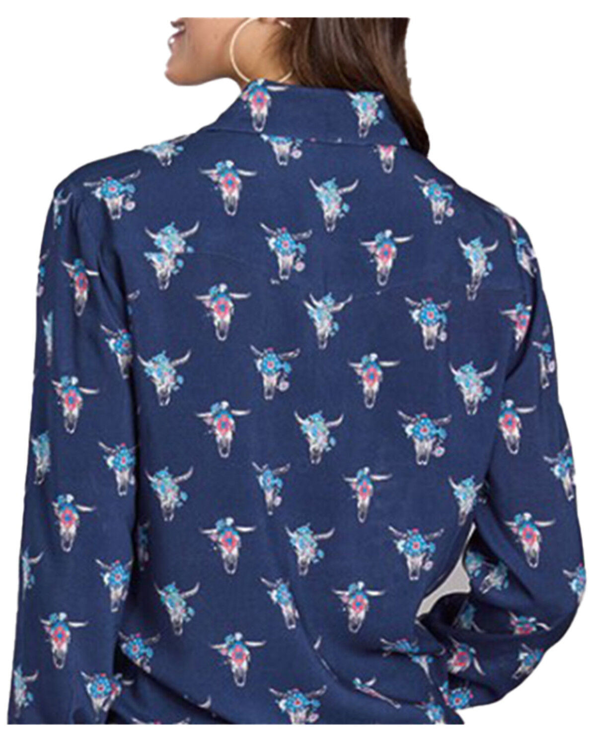 Image #2 - Roper Women's Floral Steer Head Long Sleeve Pearl Snap Western Shirt, Navy, hi-res