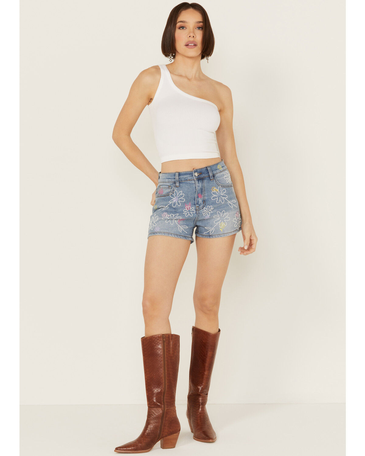 Image #1 - Vibrant Denim Women's Medium Wash High Rise Floral Embellished Denim Shorts, Medium Wash, hi-res