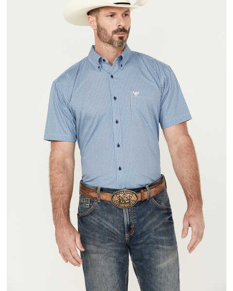 Cowboy Hardware Men's Diamond Plate Print Short Sleeve Button-Down Western Shirt , Blue, hi-res