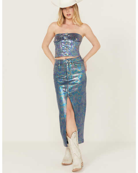 Vibrant Denim Women's Iridescent Maxi Skirt , Blue, hi-res