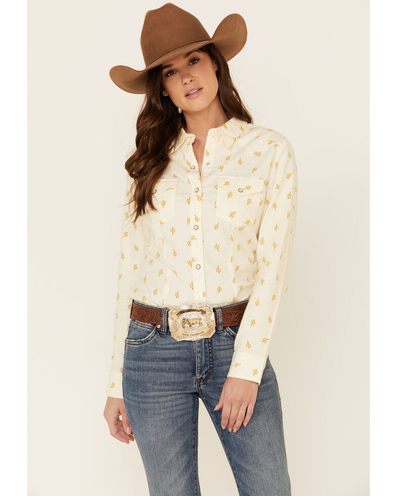 Wrangler Women's Ivory All-Over Cactus Print Long Sleeve Western Core Shirt , Ivory, hi-res