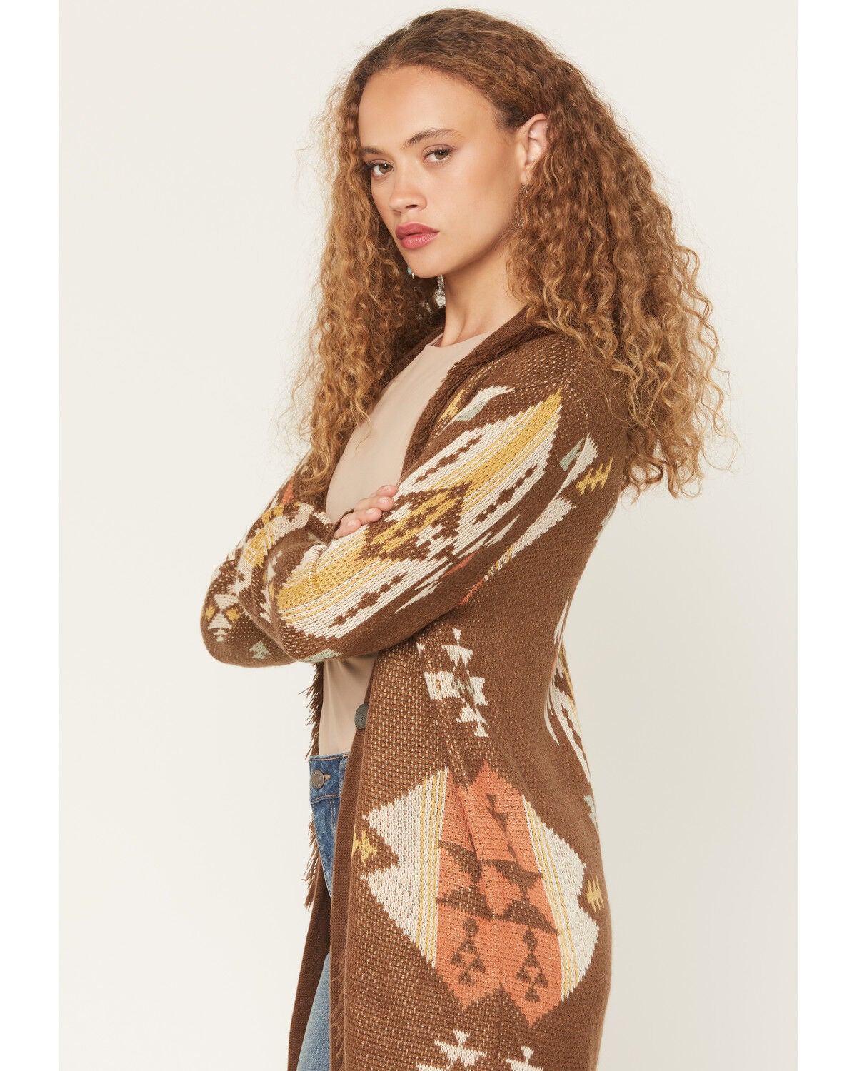 Image #2 - Rock & Roll Denim Women's Southwestern Print Concho Cardigan, Brown, hi-res