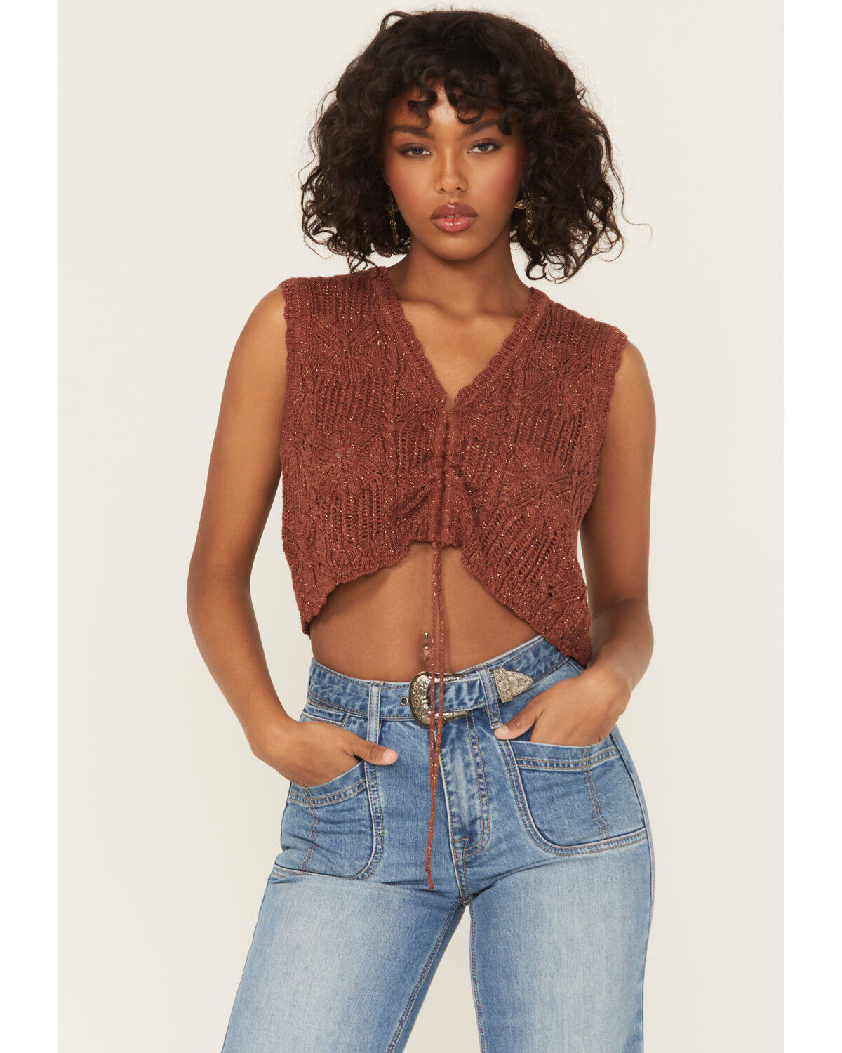 Image #1 - Shyanne Women's Metallic Cinch-Front Sweater Tank, Mahogany, hi-res