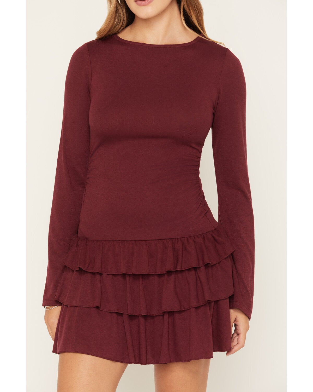 Image #3 - Cleo + Wolf Women's Drop Waist Tiered Knit Mini Dress, Wine, hi-res