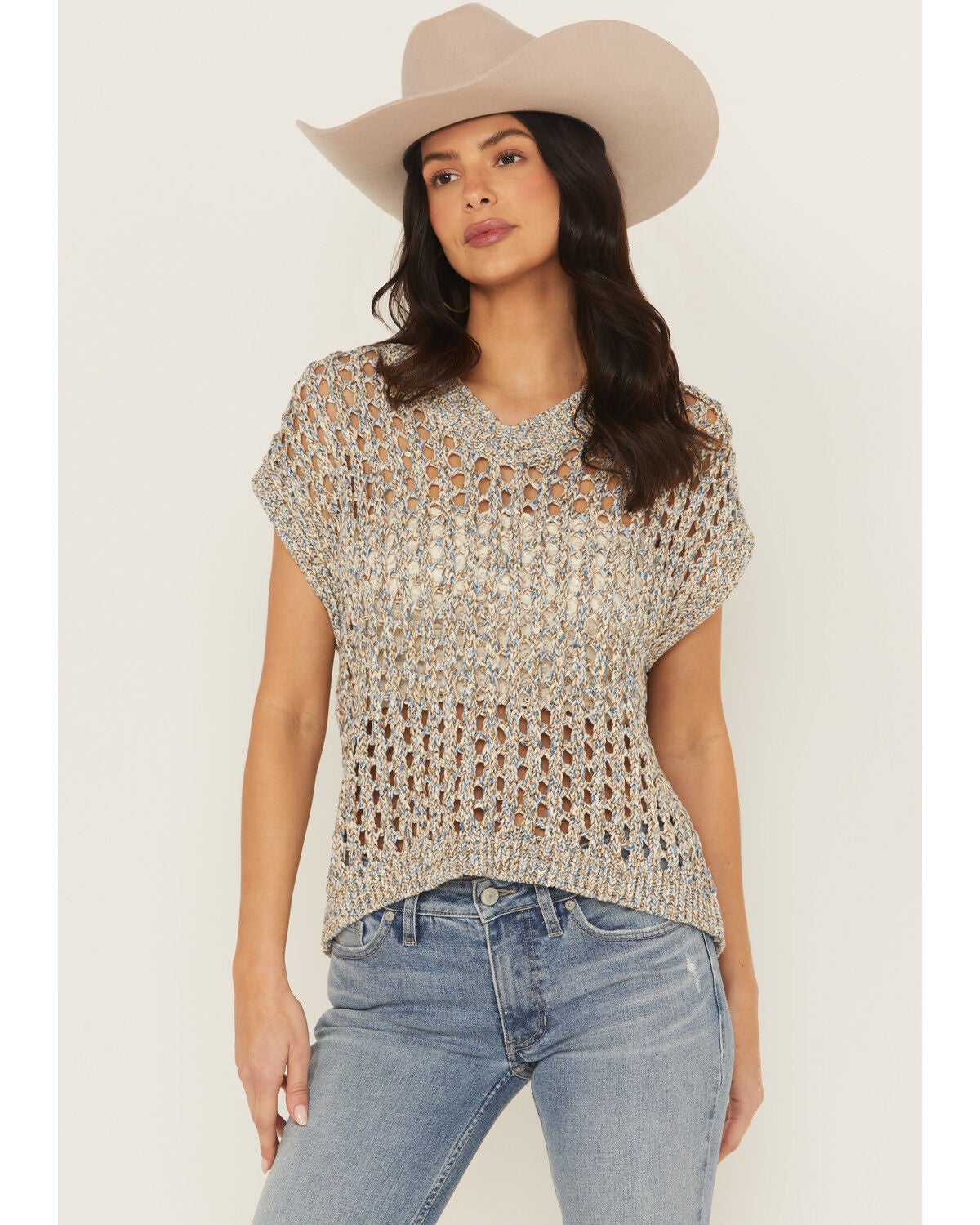 Cleo + Wolf Women's Eleanor Spacedye Open Weave Sweater Vest, Steel Blue, hi-res