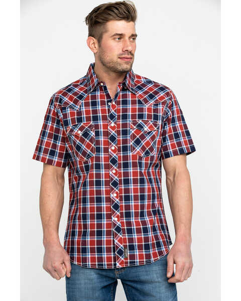 Image #1 - Wrangler Retro Men's Premium Plaid Print Short Sleeve Western Shirt , Navy, hi-res