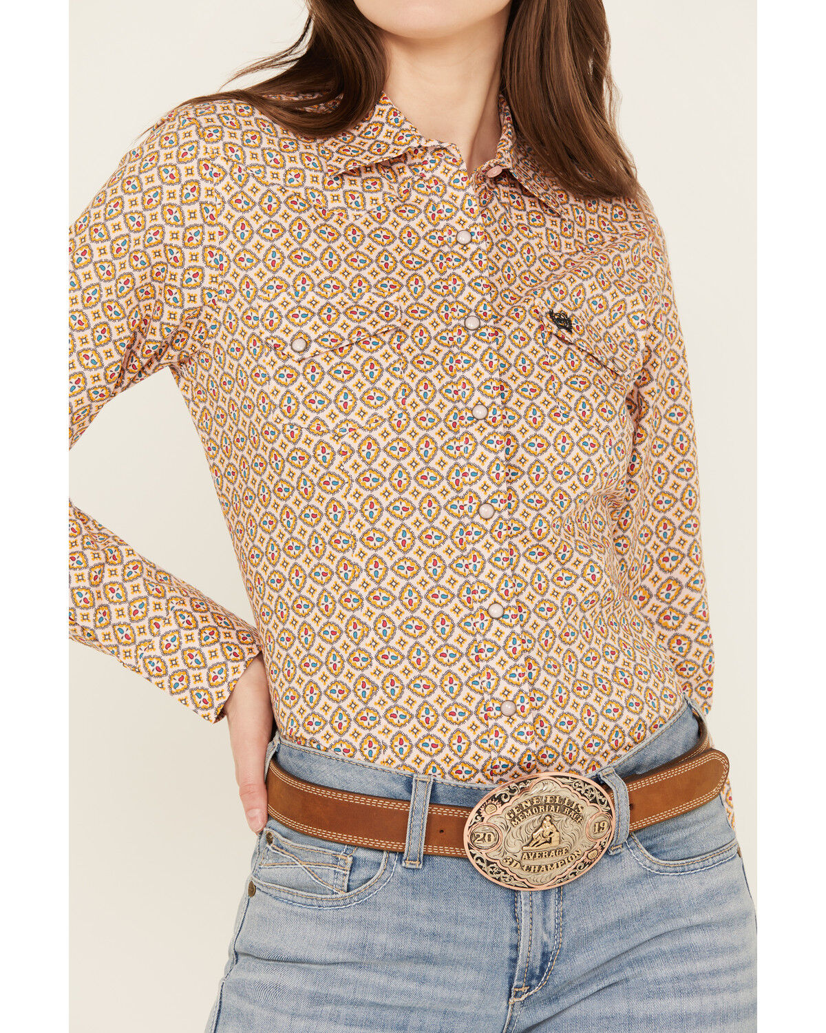 Image #3 - Cinch Women's Geo Print Long Sleeve Snap Western Shirt, Pink, hi-res