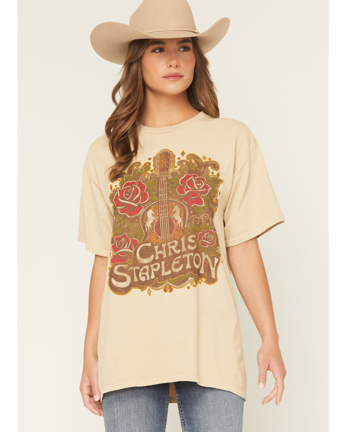 Image #1 - Merch Traffic Women's Chris Stapleton Rose Guitar Short Sleeve Graphic Tee, Tan, hi-res