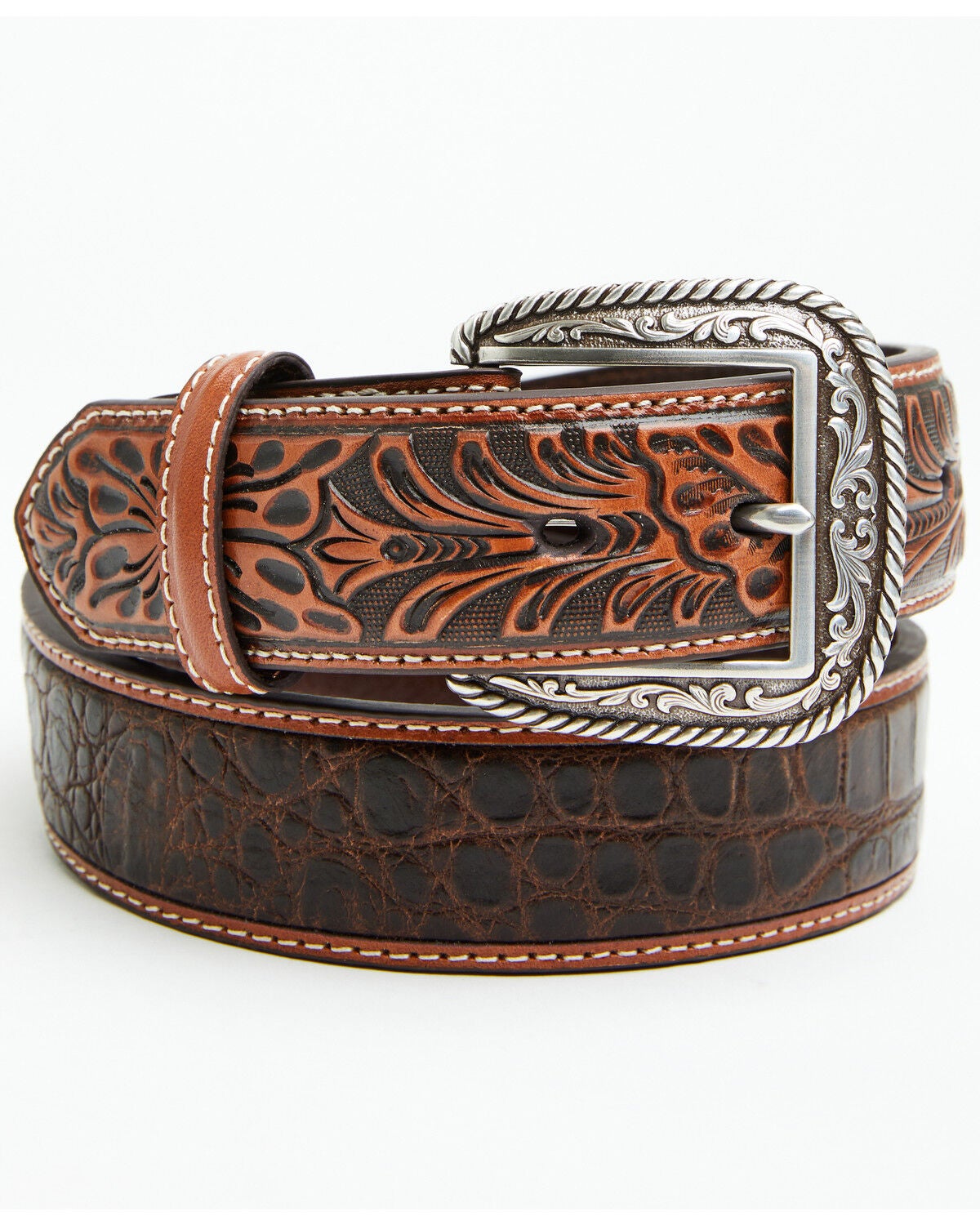 Image #1 - Ariat Men's Croc Floral Tabs Belt, Tan, hi-res