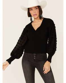 Lush Women's Black Chiffon Dot Sleeve Wrap Sweater, Black, hi-res
