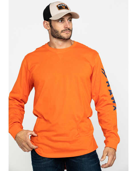 Image #1 - Hawx Men's Orange Logo Long Sleeve Work T-Shirt , Orange, hi-res