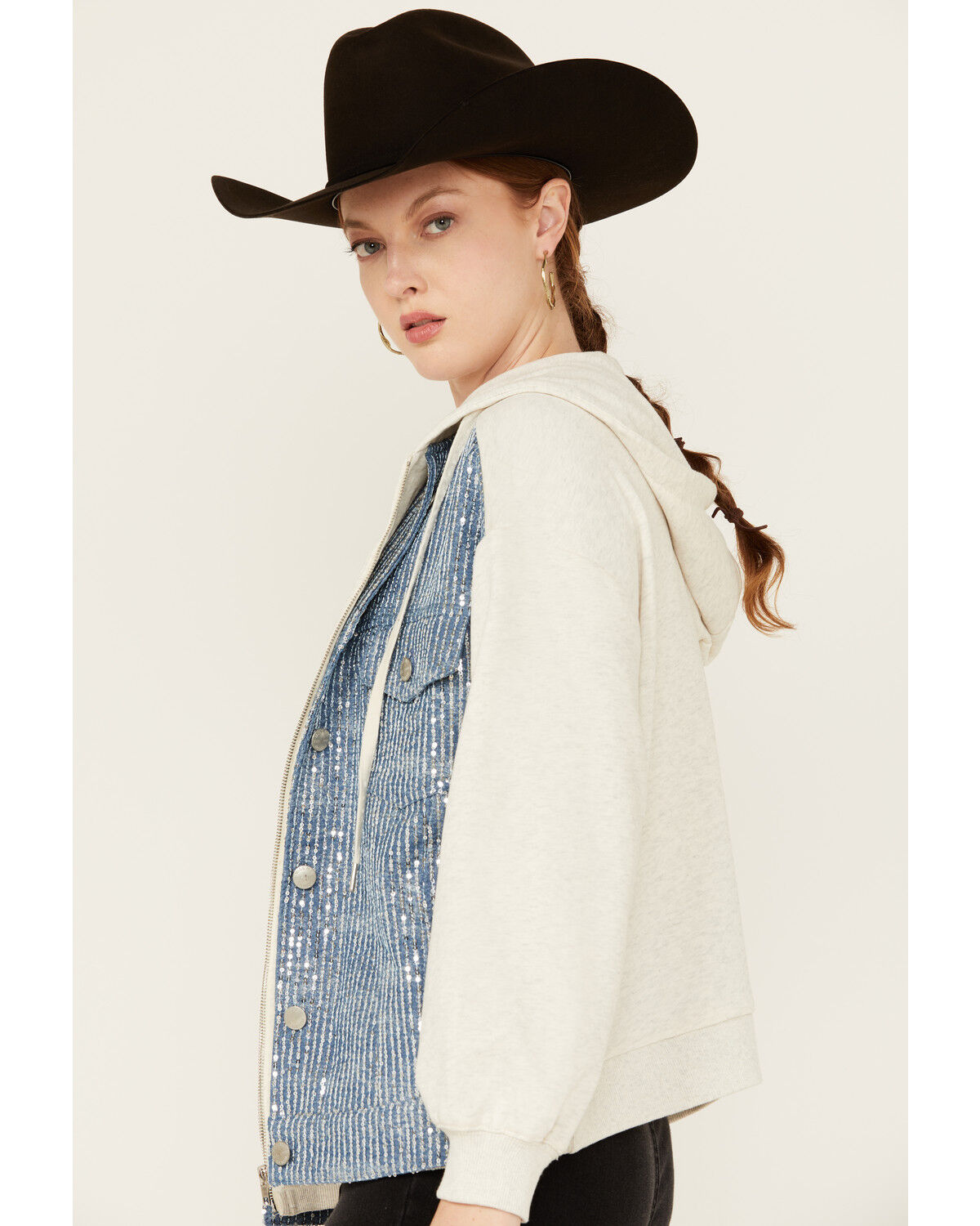 Image #2 - Miss Me Women's Denim Sequins Zip-Up Hoodie, Oatmeal, hi-res