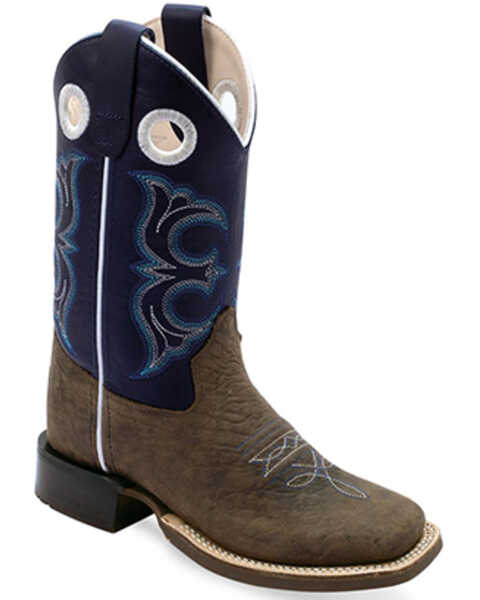 Old West Boys' Hand Corded Western Boots - Broad Square Toe , Dark Blue, hi-res