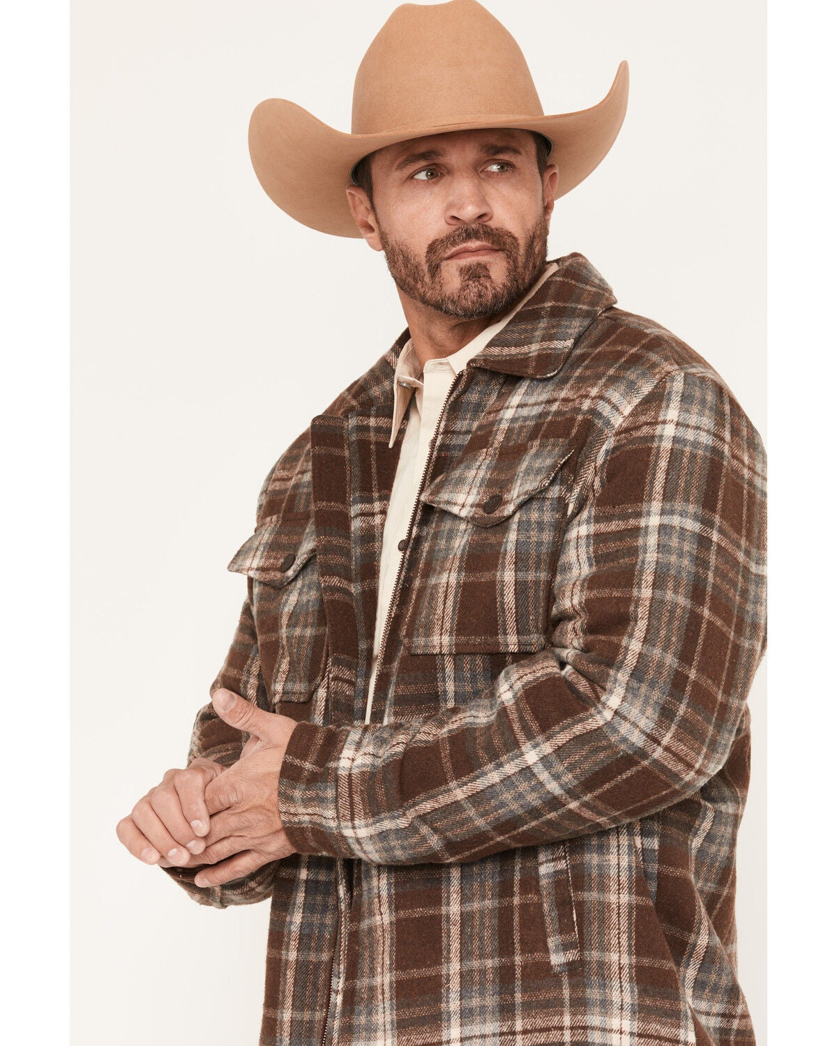 Image #2 - Cripple Creek Men's Plaid Print Sherpa Lined Zip Sherpa Jacket, Brown, hi-res