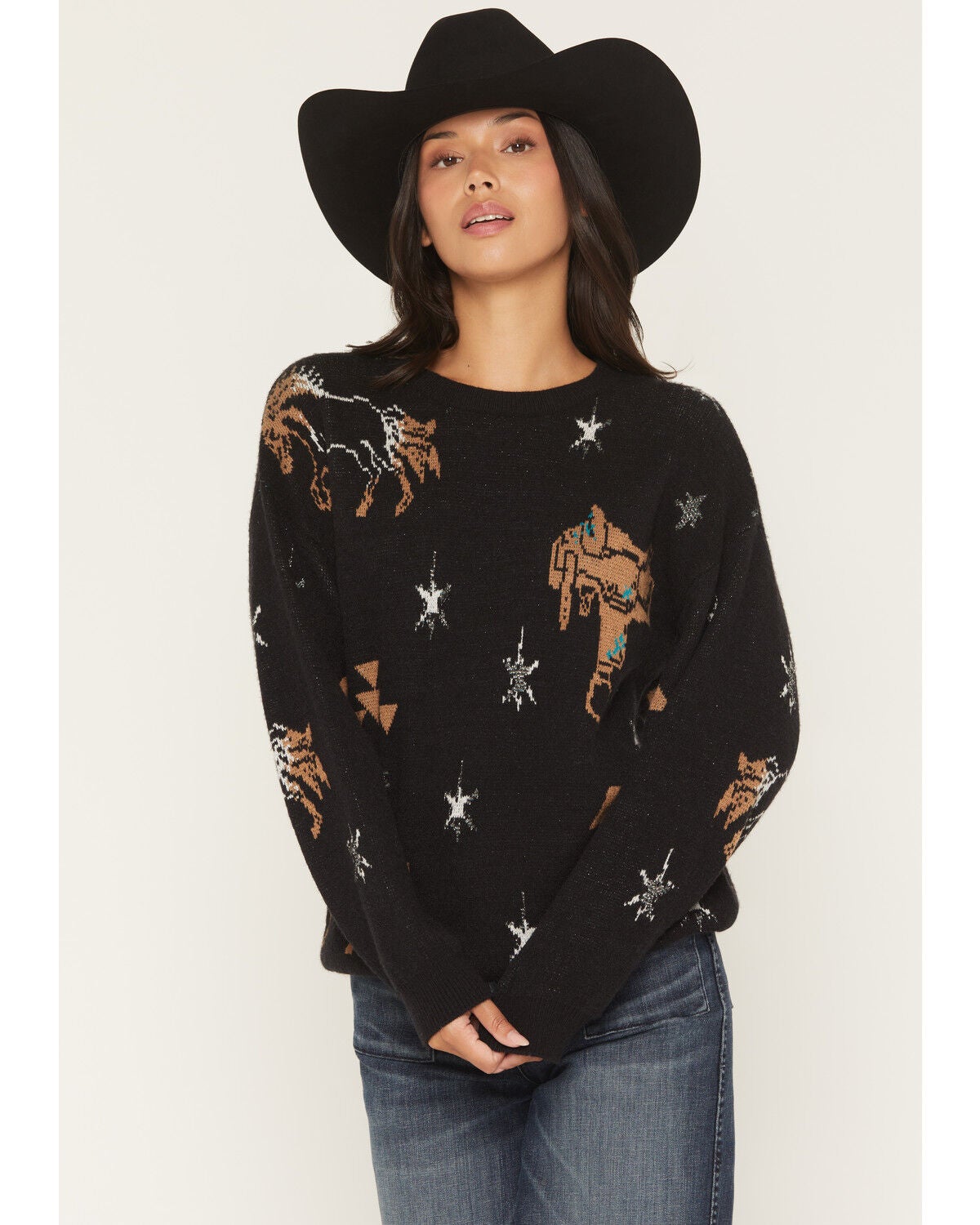 Image #1 - Rock & Roll Denim Women's Conversational Print Sweater, Black, hi-res