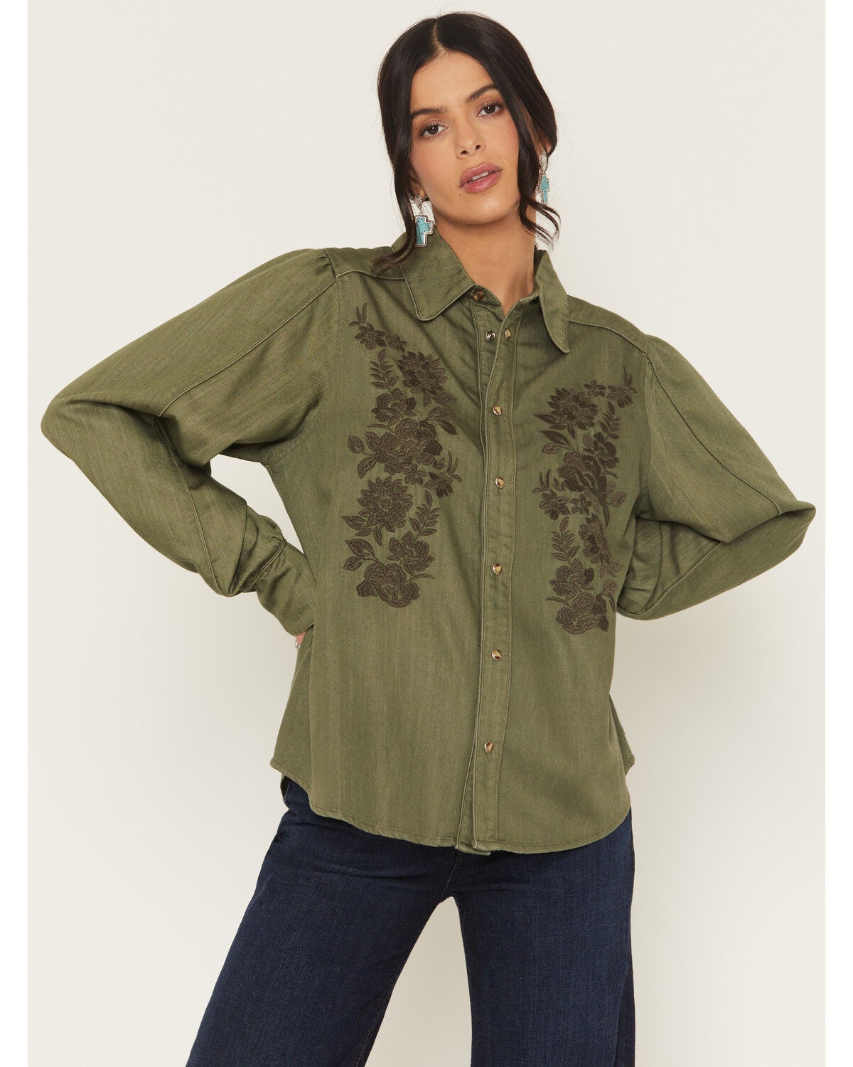 Image #1 - Kimes Ranch Women's Mae Floral Embroidered Long Sleeve Snap Relaxed Fit Western Shirt, Olive, hi-res