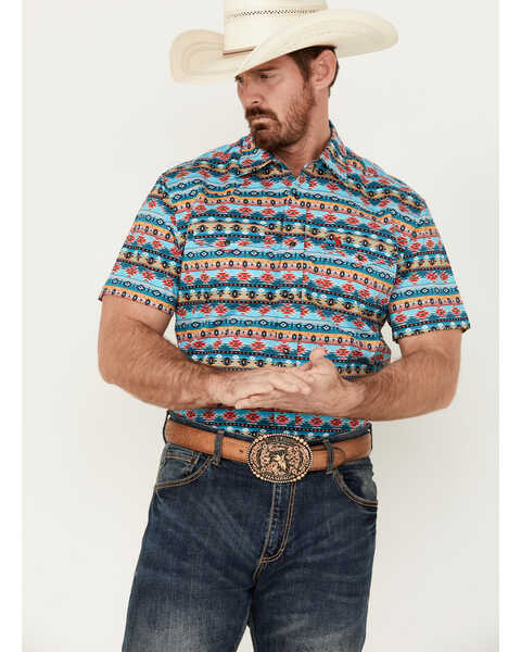 Rodeo Clothing Men's Southwestern Print Short Sleeve Snap Stretch Western Shirt , Blue, hi-res
