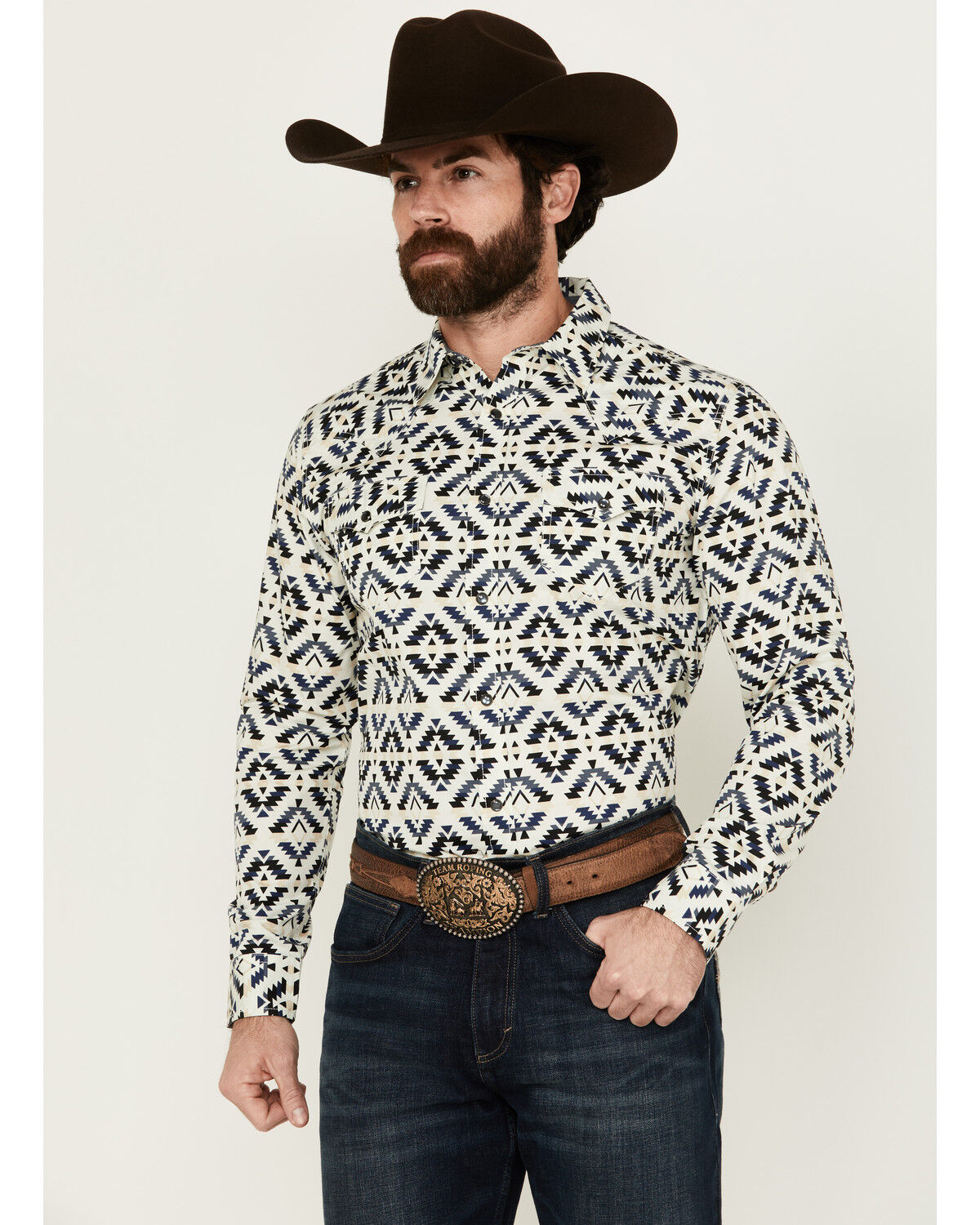 Image #1 - Cody James Men's Down Yonder Southwestern Print Long Sleeve Pearl Snap Western Shirt, Ivory, hi-res