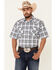 Image #1 - Rough Stock By Panhandle Men's Large Dobby Plaid Print Short Sleeve Pearl Snap Western Shirt , Blue, hi-res
