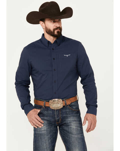 Kimes Ranch Men's Solid Long Sleeve Button Down Western Shirt, Navy, hi-res