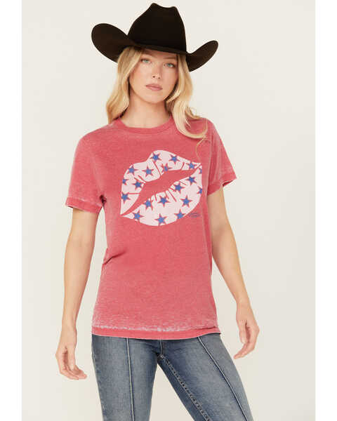 Bohemian Cowgirl Women's Lips Burnout Short Sleeve Graphic Tee, Red, hi-res