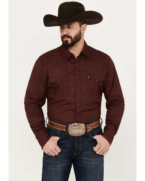 Cinch Men's Geo Print Long Sleeve Western Snap Shirt, Burgundy, hi-res