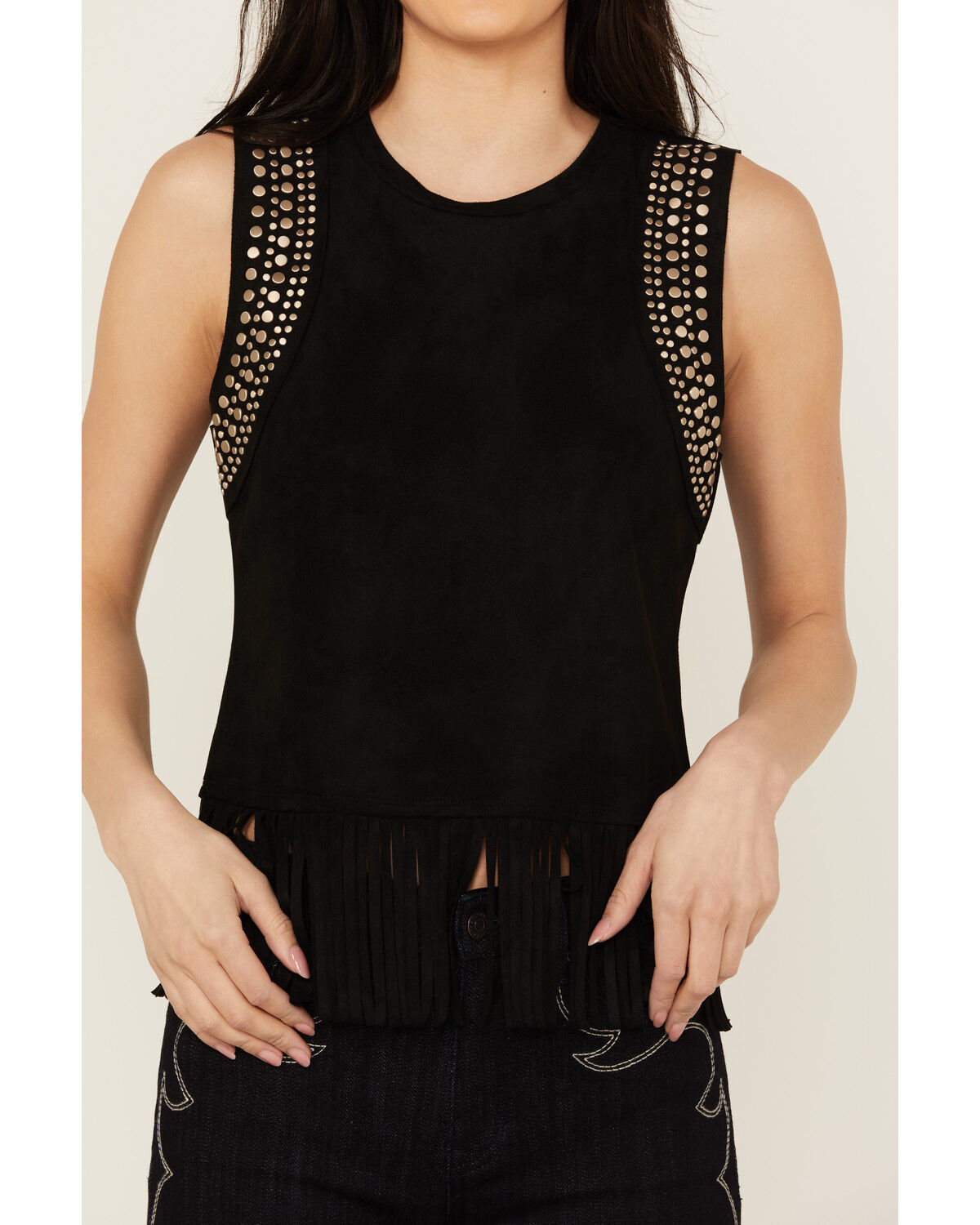 Image #3 - Idyllwind Women's Lillian Studded Fringe Faux Suede Tank Top, Black, hi-res