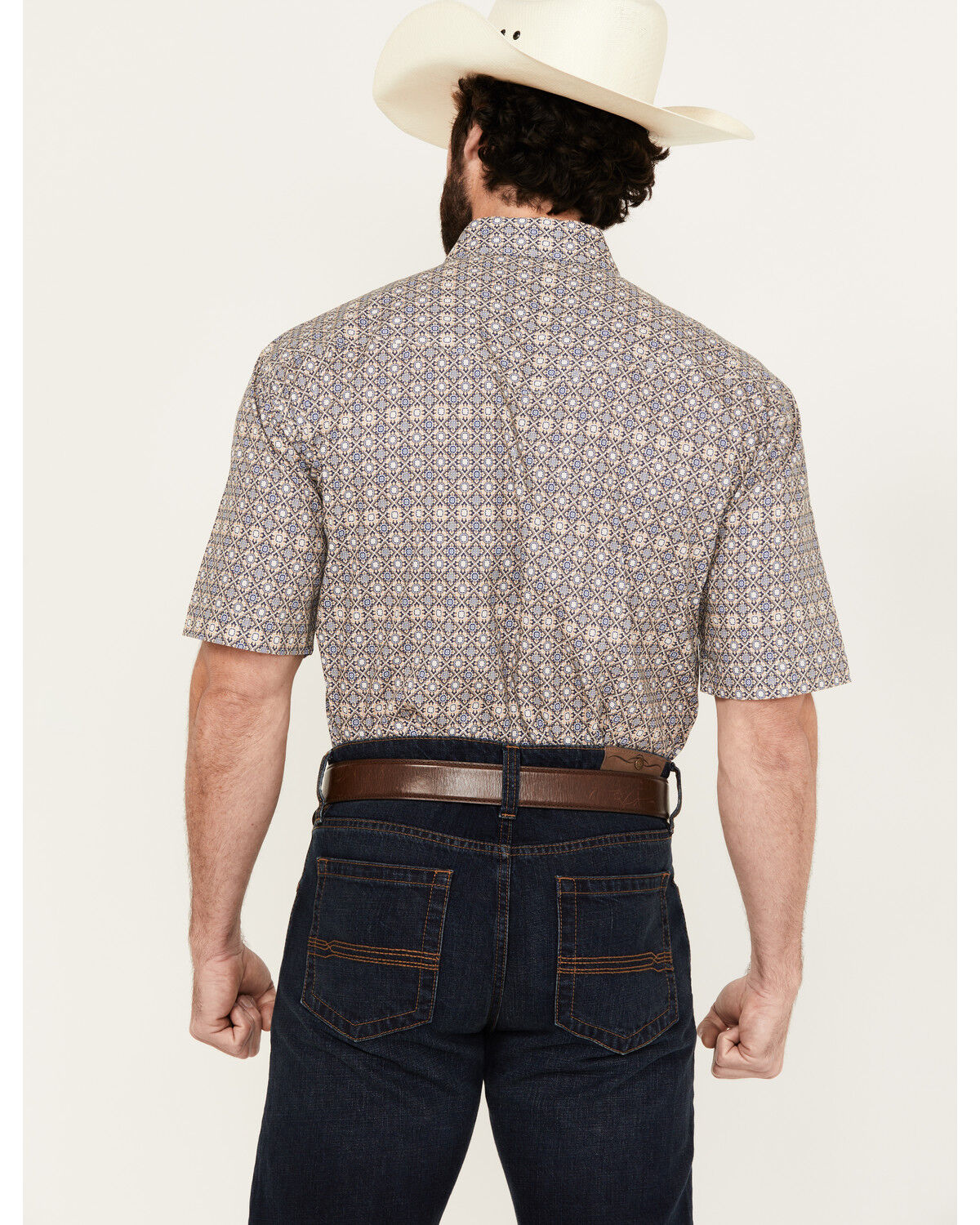 Image #4 - Roper Men's Amarillo Mini Medallion Print Short Sleeve Snap Western Shirt, Beige, hi-res