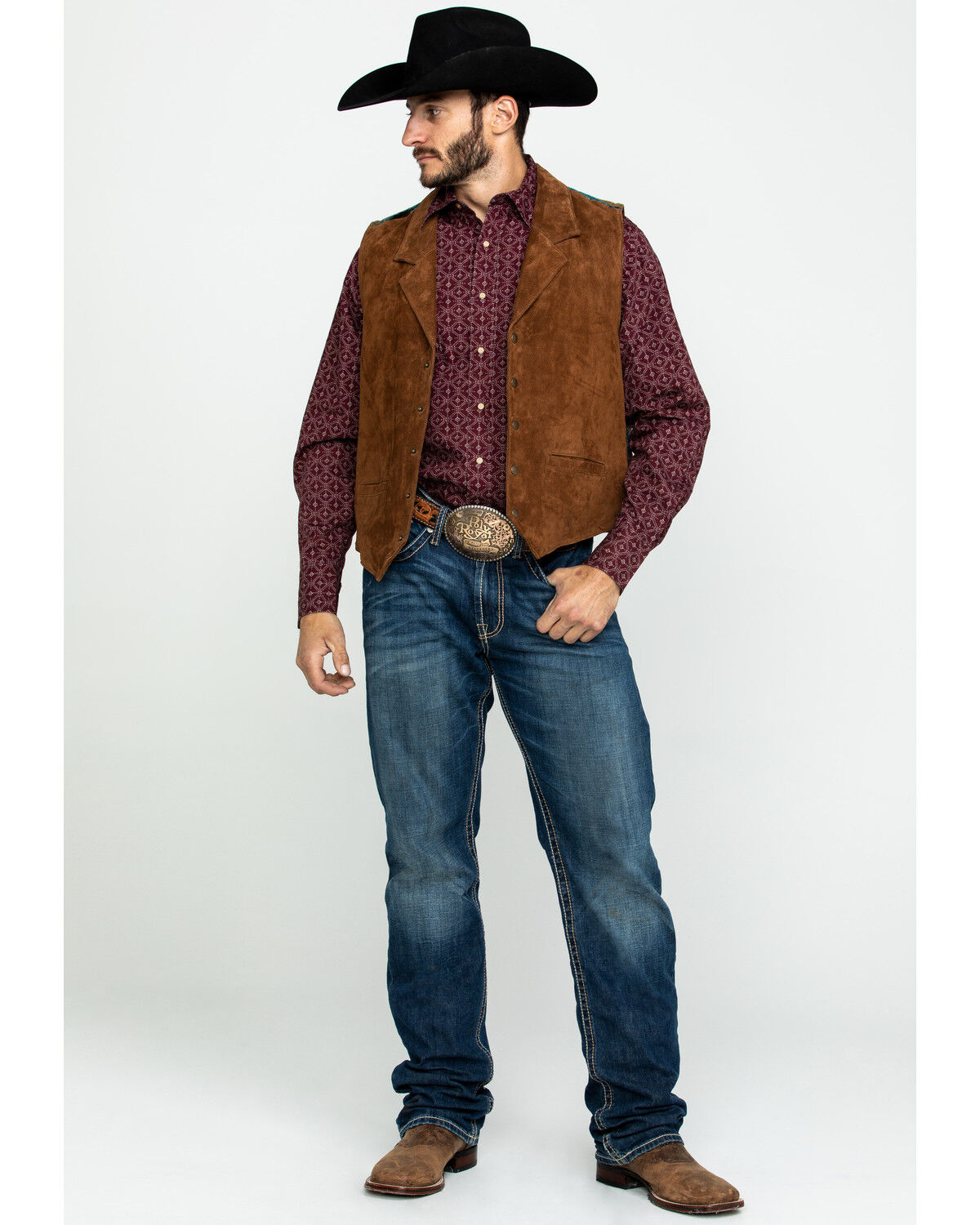 Image #6 - Scully Leatherwear Men's Southwestern Knit Back Suede Vest, Brown, hi-res