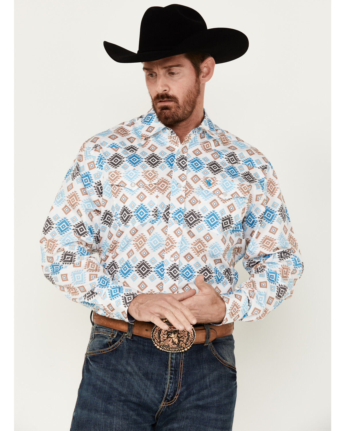 Image #1 - Rodeo Clothing Men's Southwestern Print Long Sleeve Pearl Snap Western Shirt, White, hi-res