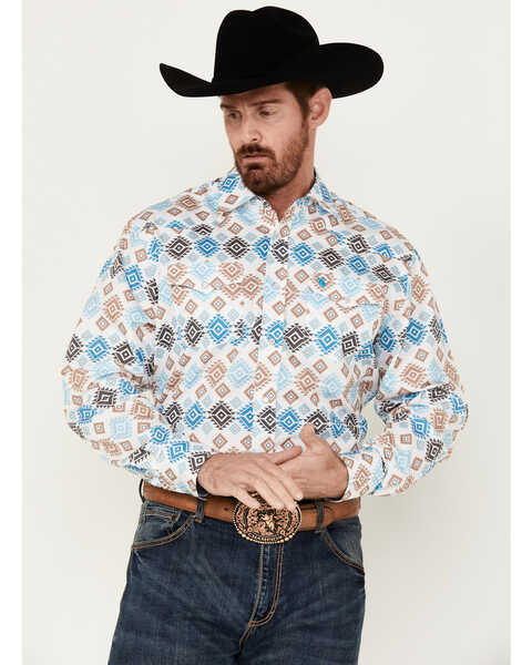 Rodeo Clothing Men's Southwestern Print Long Sleeve Pearl Snap Western Shirt , White, hi-res