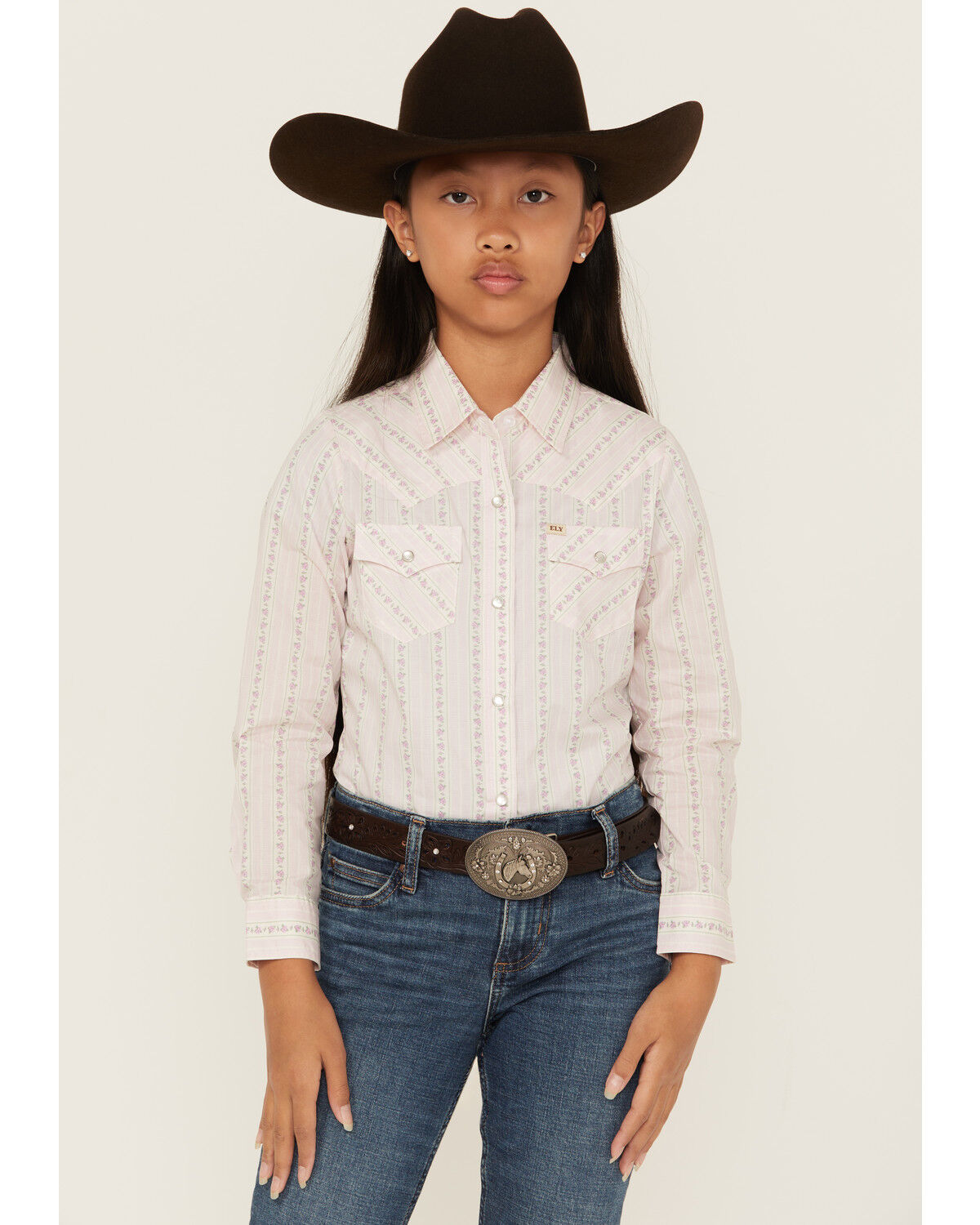 Image #1 - Cowboygirl by Jenna Paulette Girls' Wallpaper Print Long Sleeve Pearl Snap Western Shirt, Pink, hi-res
