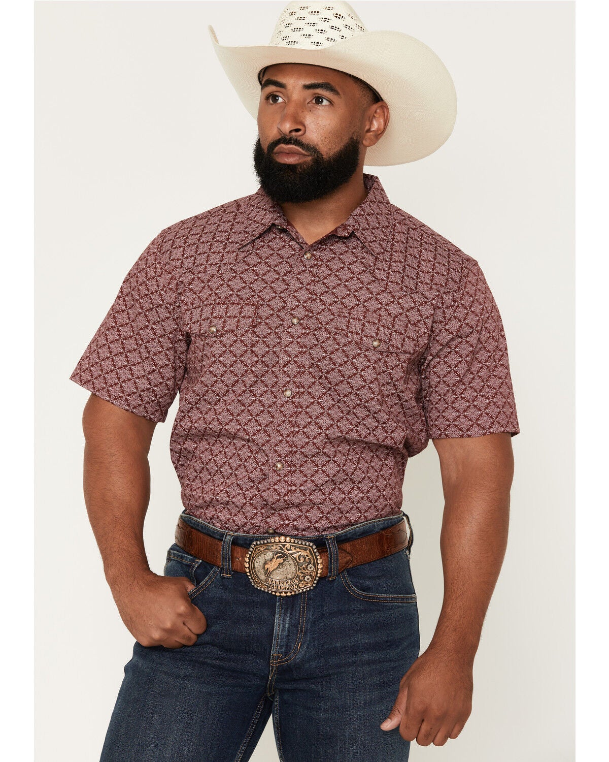 Image #1 - Gibson Trading Co Men's Gypsy Den Medallion Print Short Sleeve Snap Western Shirt - Tall, Burgundy, hi-res