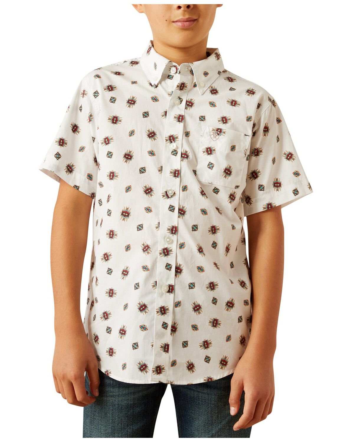 Image #1 - Ariat Boys' Geo Short Sleeve Button-Down Western Shirt, Tan, hi-res