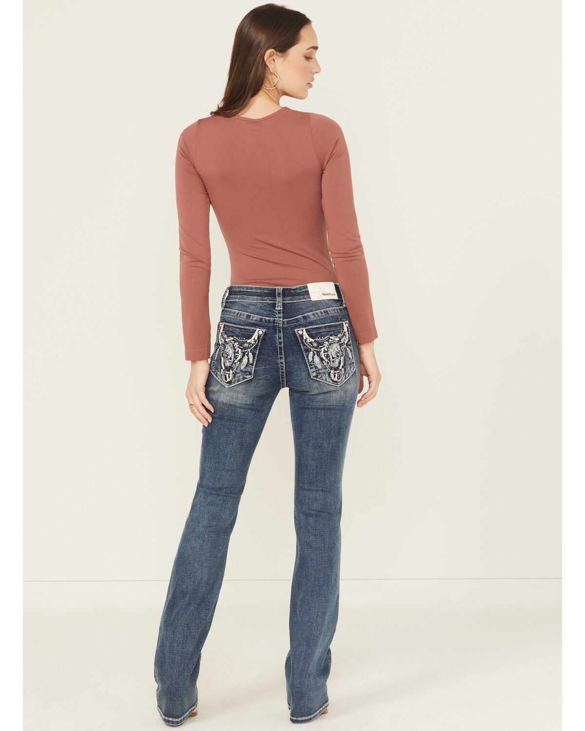 Grace In LA Women's Medium Wash Mid Rise Embroidered Bootcut Stretch Denim Jeans, Medium Wash, hi-res