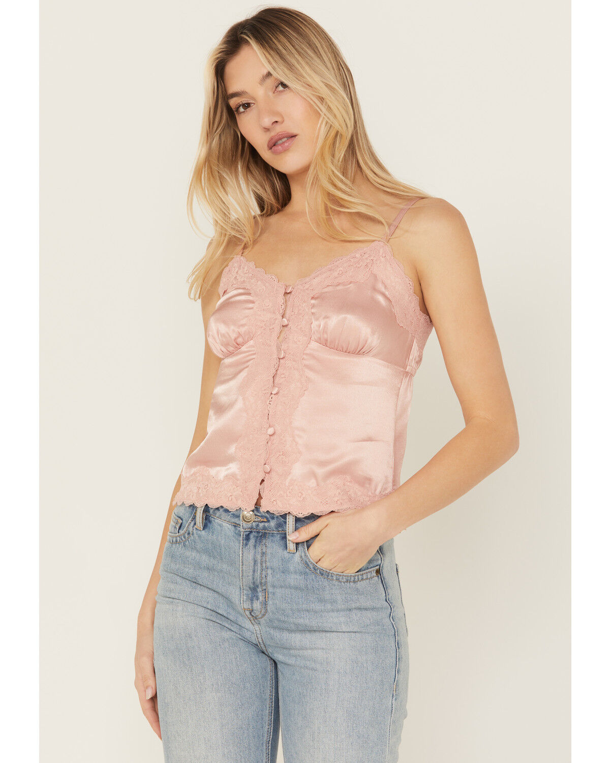 Image #1 - Shyanne Women's Lace Trim Satin Cami, Light Pink, hi-res