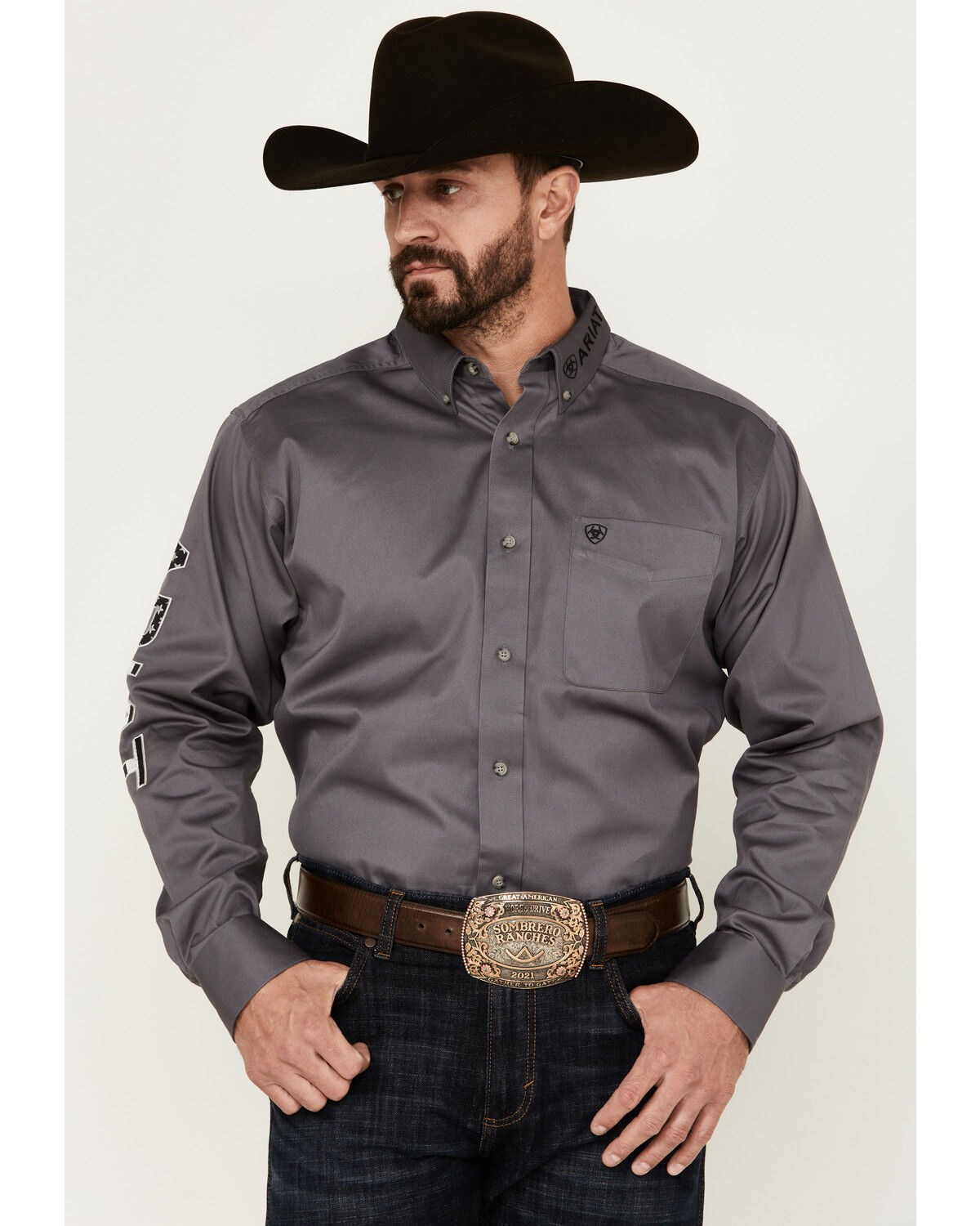 Image #1 - Ariat Men's Team Logo Twill Long Sleeve Button-Down Western Shirt - Tall, Dark Grey, hi-res