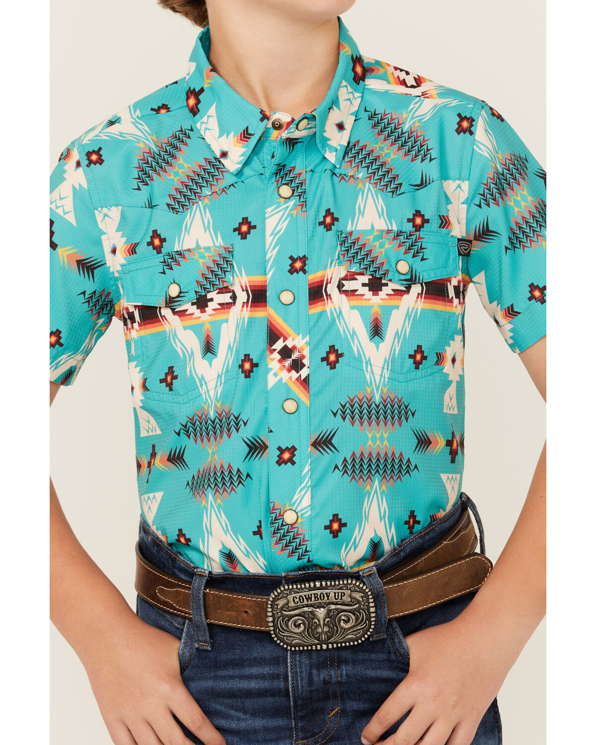 Image #3 - Rock & Roll Denim Boys' Tek Southwestern Print Short Sleeve Snap Western Shirt, Blue, hi-res
