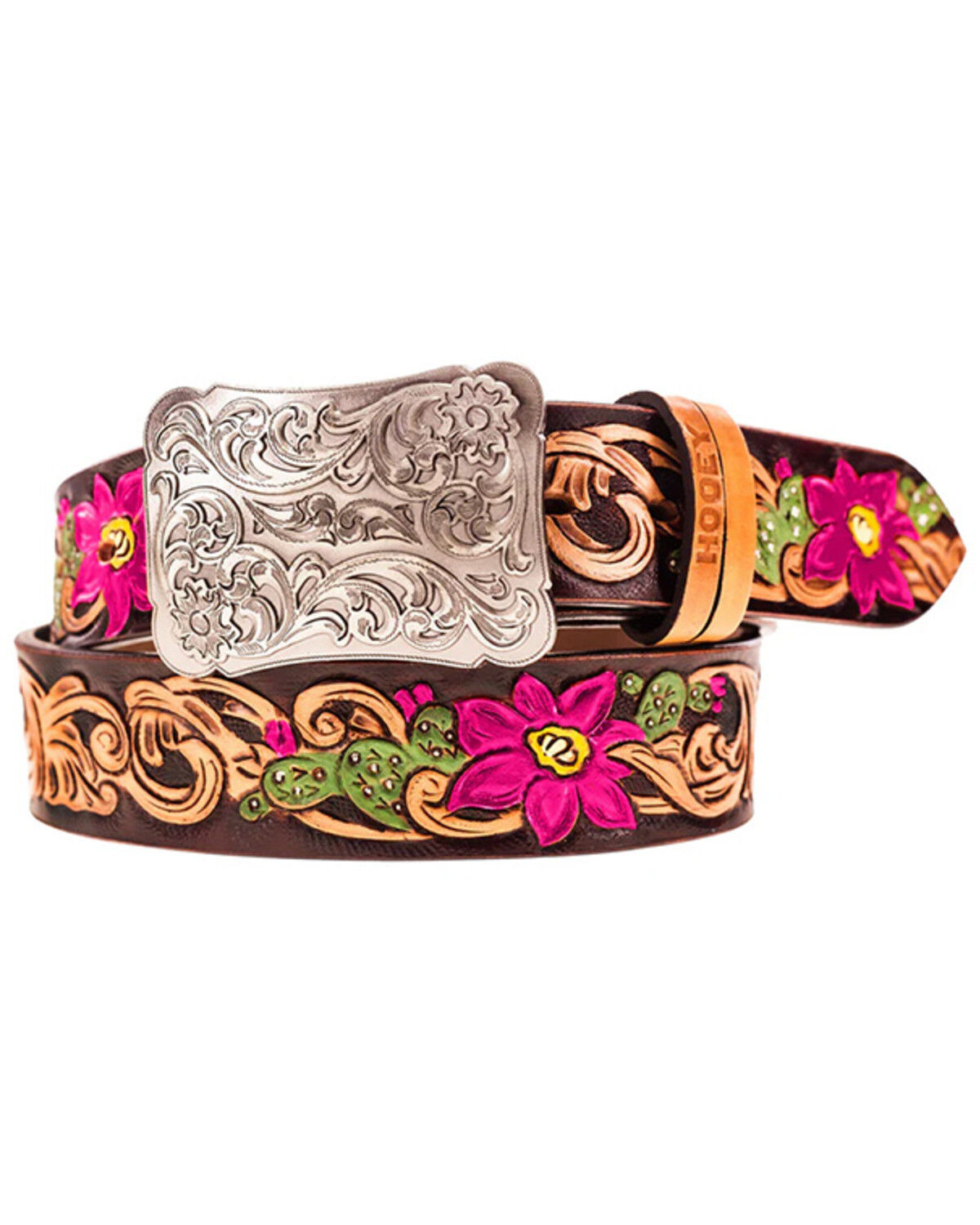 Image #1 - Hooey Women's Senorita Tooled Floral Painted Buckle Belt, Pink, hi-res