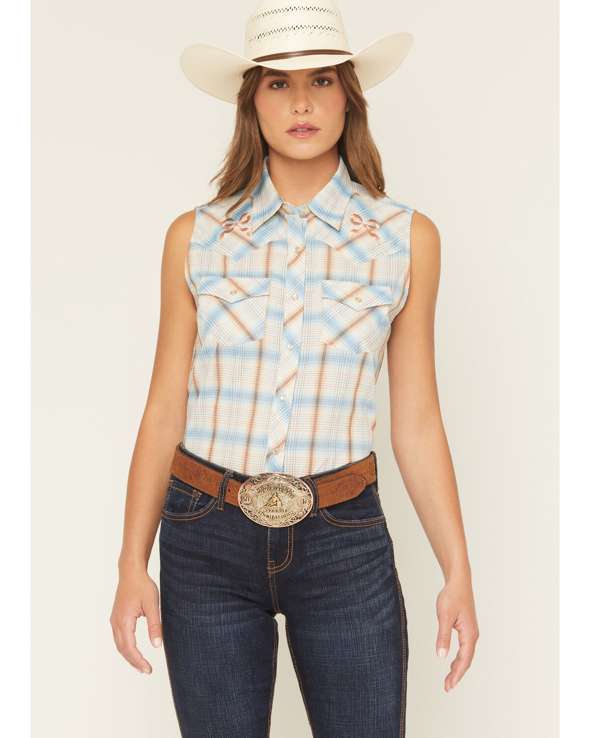 Image #1 - Ely Walker Women's Bow Embroidered Plaid Print Sleeveless Pearl Snap Western Shirt, Light Blue, hi-res