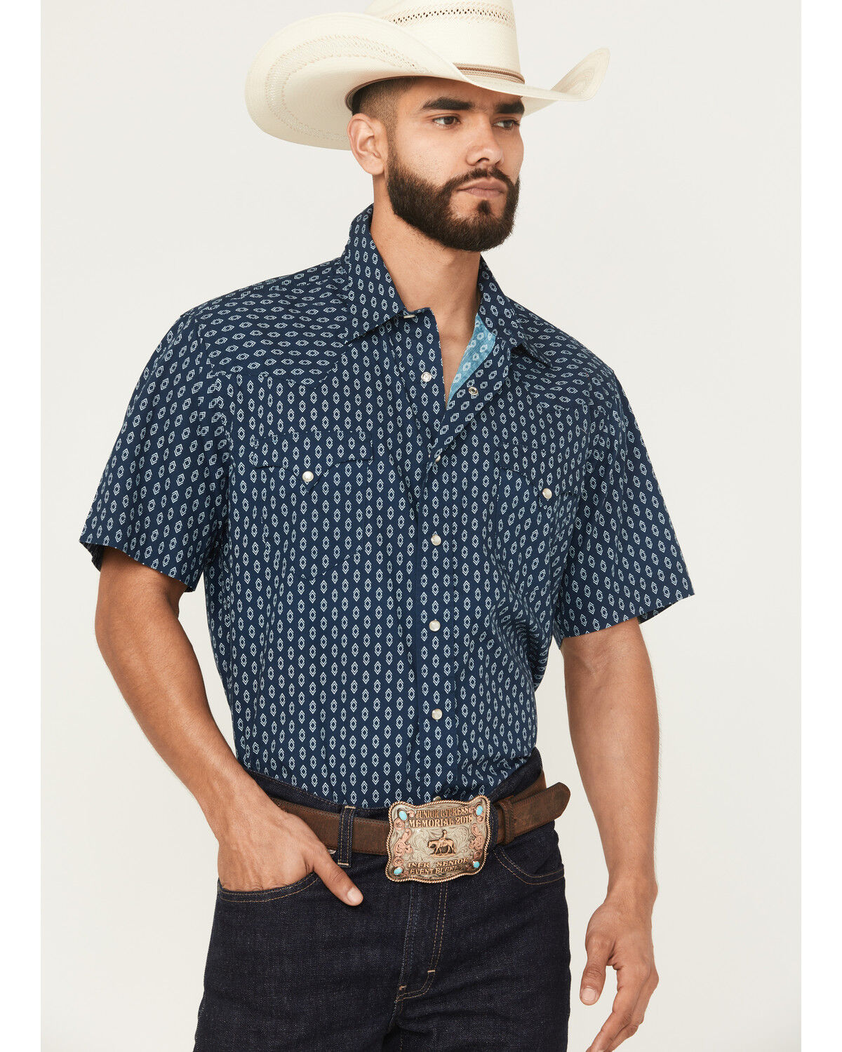 Image #1 - Roper Men's West Made Geo Print Short Sleeve Pearl Snap Western Shirt, Blue, hi-res